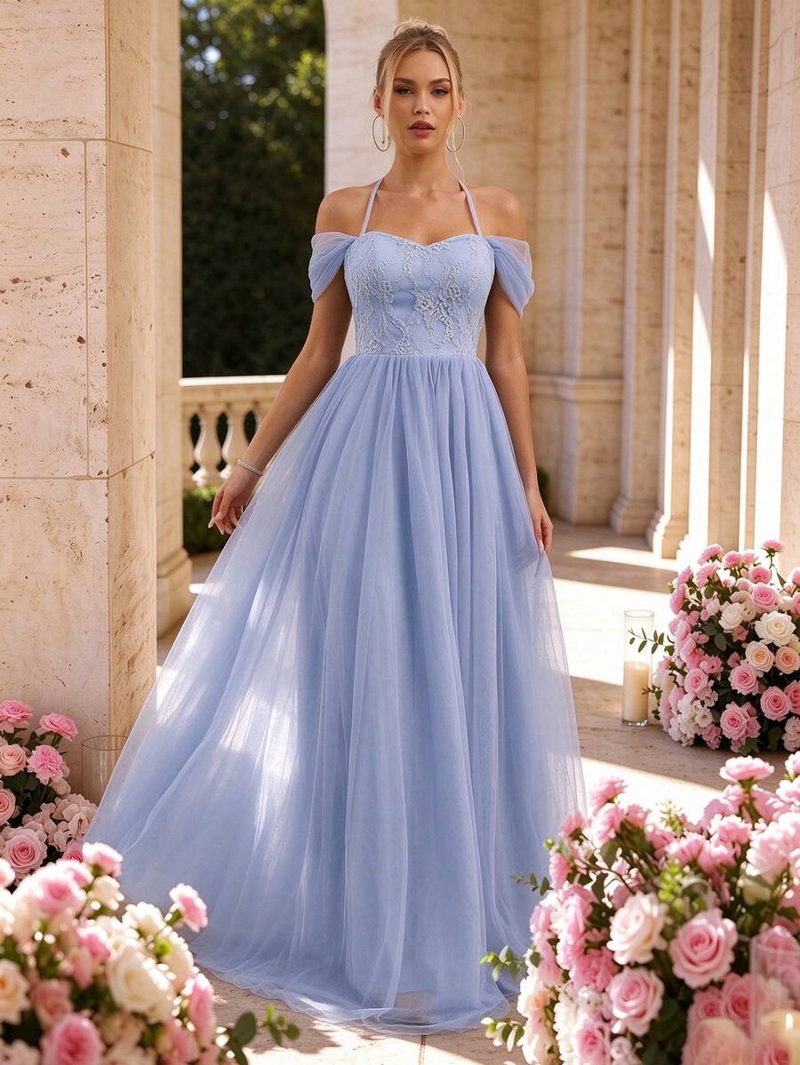 Vestido de novia de hombros descubiertos con encaje en contraste de malla - Neblina azul - Ver 1