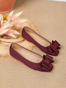 Wine Red Satin 3D Bow Square Toe Ballet Shoes For Women, Low Vamp Soft Sole Slip-On, Party & Commute Pumps - Burgundy - View 7