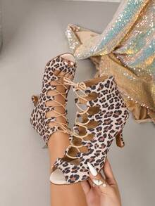 Leopard Print Peep Toe Cutout Lace Up Stiletto Ankle Boots, Women Professional Latin Dance Heels For Salsa Tango Performance - Apricot - View 5