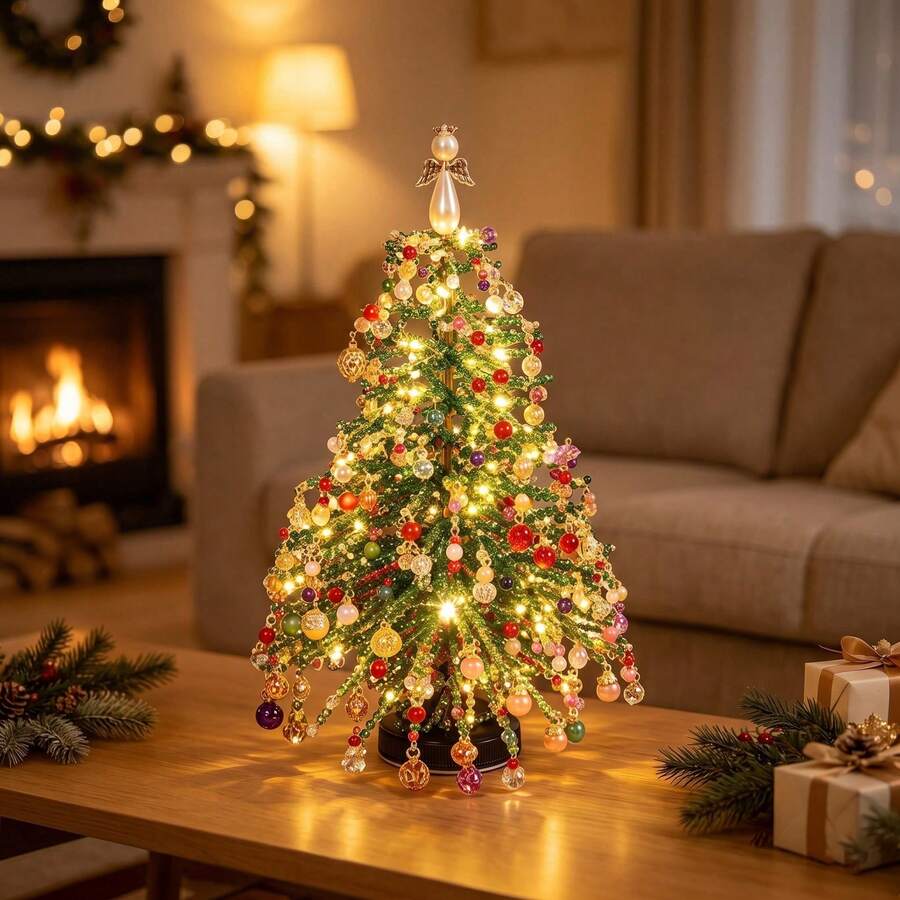 DIY Beaded Christmas Tree Kit, Adult Holiday Craft Material Pack | Colorful Beads, Decorative Pendants, Metal Stand, Angel Tree Topper, Warm Light Display, Desktop Decor, Relaxing Craft, Holiday Gift, Halloween - Multicolor - View 1