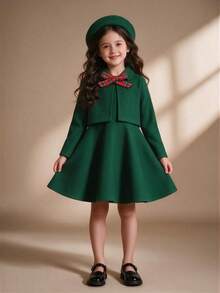 2pcs/Set Young Girl Short Coat + Suspender Skirt Outfit, Comes With Bow Beret Hat, For Autumn/Winter - Green - View 1