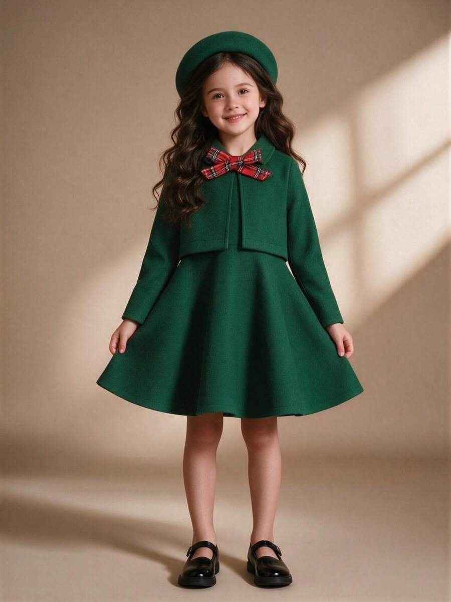 2pcs/Set Young Girl Short Coat + Suspender Skirt Outfit, Comes With Bow Beret Hat, For Autumn/Winter - Green - View 1