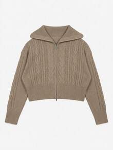 Senya Autumn/Winter New Vintage Oversized Lapel Double Zipper Cable Knit Cardigan, Loose Drop Shoulder Casual Short Commuter Sweater Fall - Camel - View 6