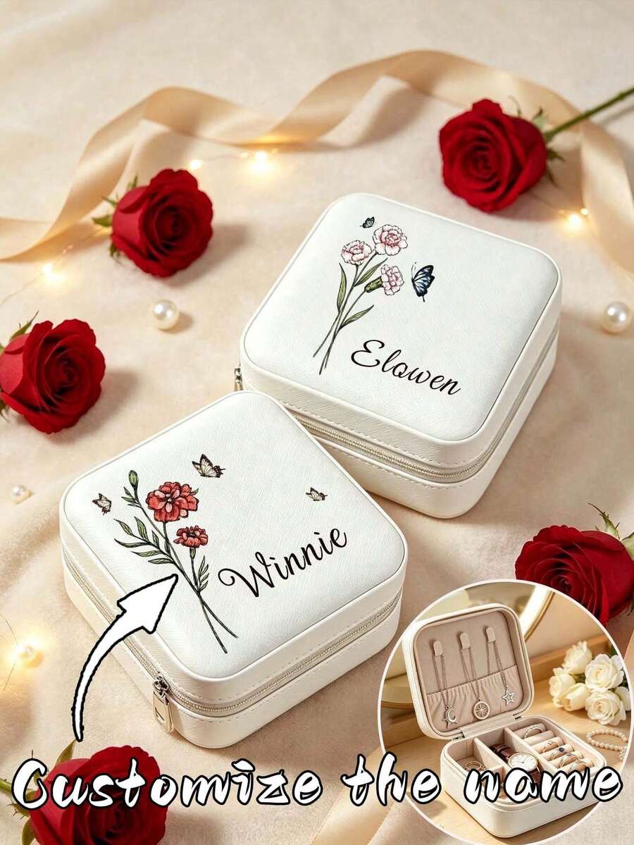 1pc Customized Printed Travel Jewelry Box, Portable PU Leather Jewelry Organizer With Compartments, Zippered Small Storage Box, Suitable For Rings, Earrings, Necklaces, Travel And Daily Jewelry Storage, Exquisite Gift For Women - Multicolor - View 1
