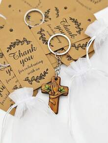 60pcs/Set Wooden Cross Keychains, Gift For Her/Him, Prayer Peace Olive Leaf Cross Design, With Organza Bag And Thank You Card, Durable Keychains, Holiday Gift Set, Party Favor Set - Multicolor - View 3