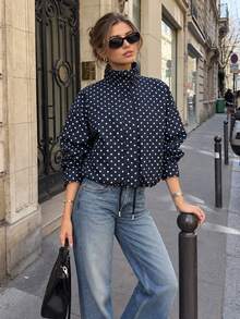 Polka Dot Jacket Fall Outfit For Women Cropped Bomber Jacket Long Sleeve Zip Up Coats Chic Mock Neck Streetwear Jacket Women - Navy Blue - View 2