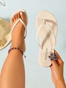 Women's Flat Flip Flops, Shiny Summer Fashion Comfortable Round Toe Sandals, Suitable For Outings, Gatherings, Home, Travel And Beach Occasions - Beige - View 1