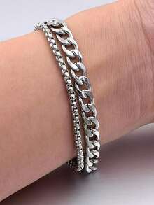 2pcs Stainless Steel Cuban Link Men's Bracelet, Minimalist Personalized Hip-Hop Style, Multi-Layer Stackable - Double-layer Bracelet - View 5