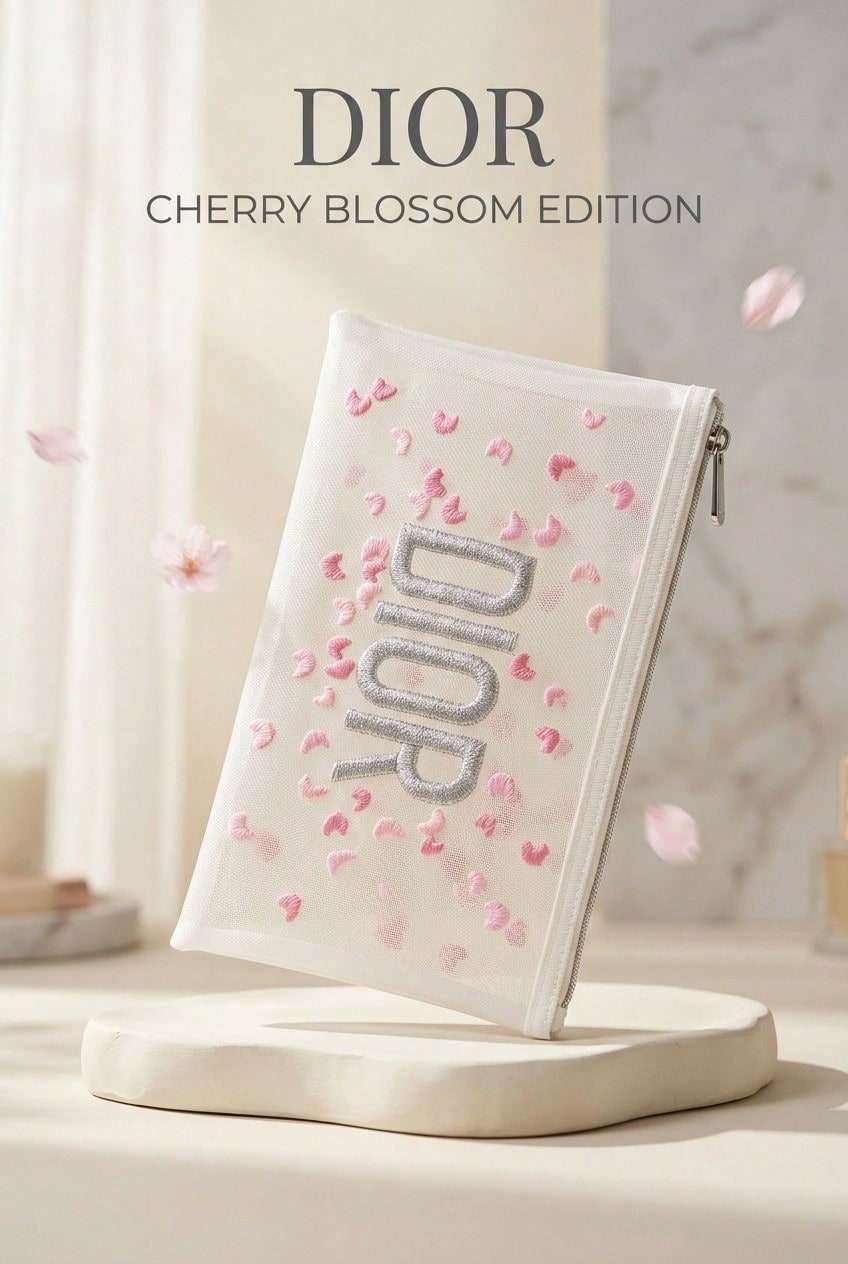 Christian Dior Cherry Blossom Edition Translucent Mesh Cosmetic Pouch, Delicate Floral Cherry Petal Embroidery Zipper Travel Makeup Storage Bag For Women - White - View 1