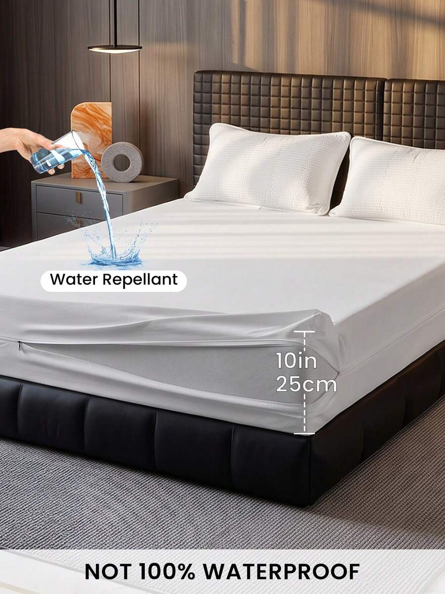 1pc Waterproof 6-Sided Zipper Mattress Protector, White Mattress Cover, Fits 10-Inch Deep Mattress, Suitable For Twin, Full, Queen, King, Breathable & Quiet, Fitted Sheet Style Deep Pocket, Machine Washable