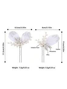1pc Feather & Faux Pearl Decorated Fairy Hair Stick, Elegant Hair Accessory Suitable For Bride Wedding, Daily Party, Photo Shoot - Silver - View 5