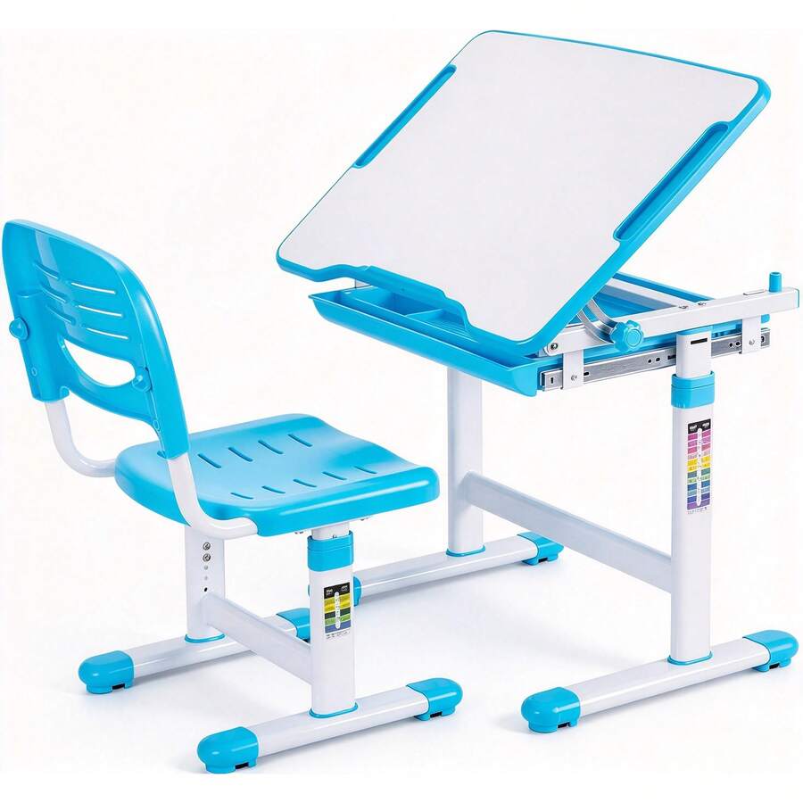 Juego de escritorio y silla para niños ajustable en altura, estación de estudio multifuncional para tareas escolares, escritorio inclinable con cajón, mueble de estudio para habitación infantil, ideal para leer y escribir en casa - Azul - Ver 1