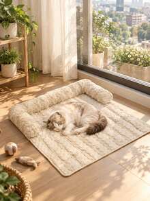 1pc Flannel Striped Pet Mat With Side Pillow Soft Cushion, Washable Warm Dog Bed Floor Mat For Dogs And Cats - Multicolor - View 14