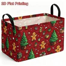 1PC Christmas Gingerbread Man & Christmas Tree Gift Print Storage Basket With Handles, Large Capacity Festive Home Organizer Bin, Cute Holiday Winter Decor For Living Room, Bedroom, Kitchen, Toy & Blanket Storage, Perfect Christmas Gift - Red - View 1