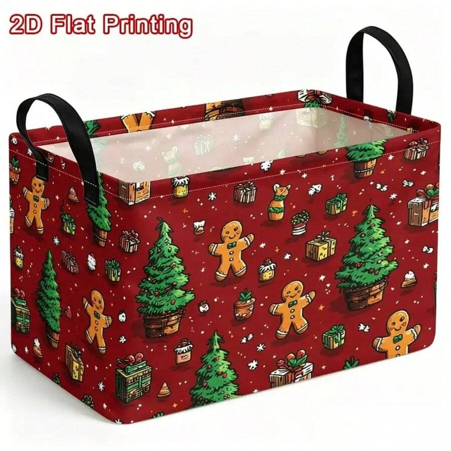 1PC Christmas Gingerbread Man & Christmas Tree Gift Print Storage Basket With Handles, Large Capacity Festive Home Organizer Bin, Cute Holiday Winter Decor For Living Room, Bedroom, Kitchen, Toy & Blanket Storage, Perfect Christmas Gift - Red - View 1