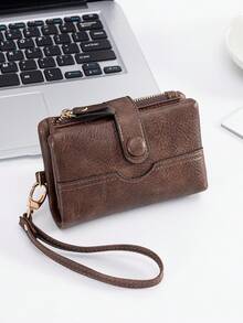 MIYIN Women's Vintage Patchwork Design Short Wallet, Distressed Texture PU Card Holder, Featuring Multiple Card Slots, Bill Compartment, ID Window And Zipper Coin Pocket, With Wrist Strap, Casual Women's Clutch, Multi-Functional Folding Wallet - Multicolor - View 3