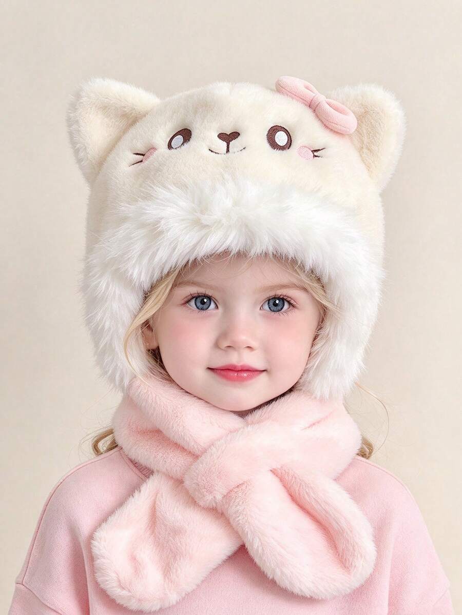Autumn/Winter Kids Hat & Scarf Set, Cute Cat Design Plush Thickened Ear-Protective Hat For 2-8 Years Old - Multicolor - View 1