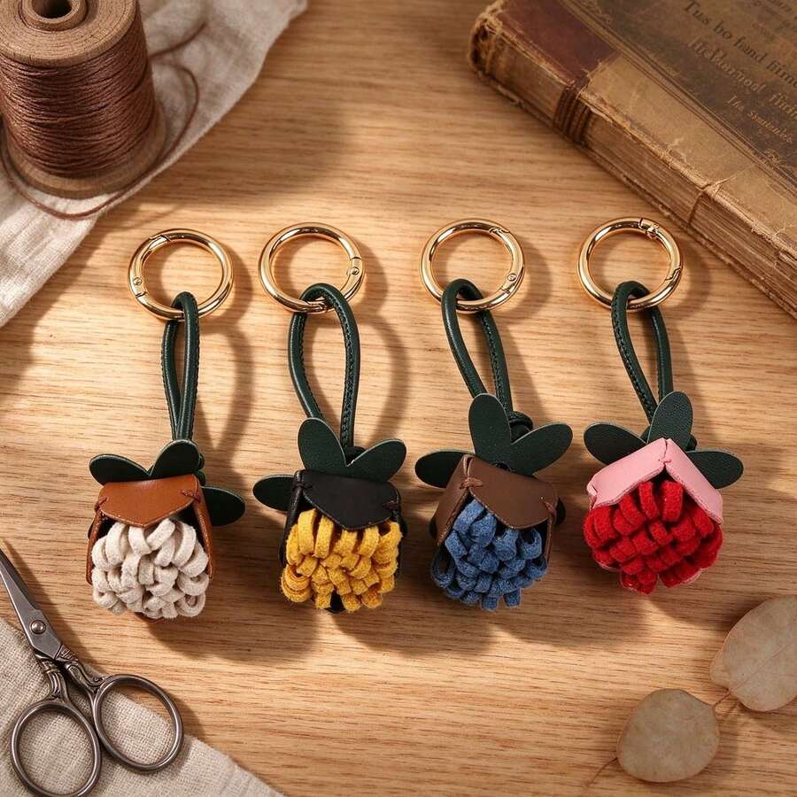 1Pc Coquette Tulip Keychain, Cute Handmade PU Leather Charm Pendant, Vintage Cottagecore Aesthetic Keyring For Backpack Car, Gift For Her - Multicolor - View 1