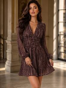 Da Jade Women's Elegant Deep V-Neck A-Line Short Dress, Long Sleeve Casual Party Ruffle Woven Dress, Suitable For Autumn - Burgundy - View 4