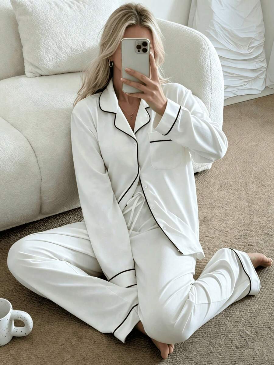 2pcs Women Notched Collar Long Sleeve Pajama Set - Comfortable Casual Sleepwear & Loungewear