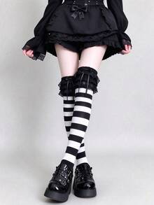 STAR RIVER Gothic Lace Trim Striped Over-The-Knee Socks, Lolita Subculture Punk Japanese Style Knee-High Socks Y2K, Halloween - Multicolor - View 3