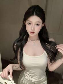 Áo hai dây hở lưng màu mơ có đệm ngực, áo tank top ôm sát lớp nền cho mùa thu/đông - trắng - Xem 2