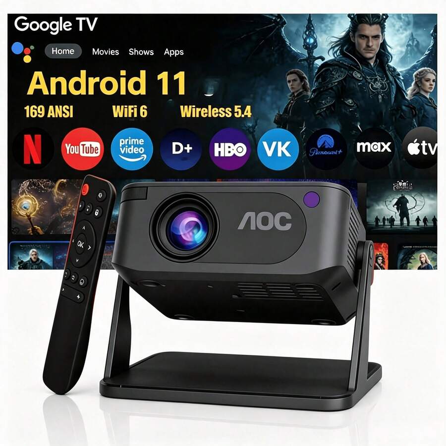 AOC Smart Mini Projector, Native 720P Resolution, Supports 4K Video, Android 11, WiFi 6 & Bluetooth Connectivity, Auto Keystone Correction, Portable Movie Projector For Bedroom, Home Theater & Outdoor Use - Black - View 1