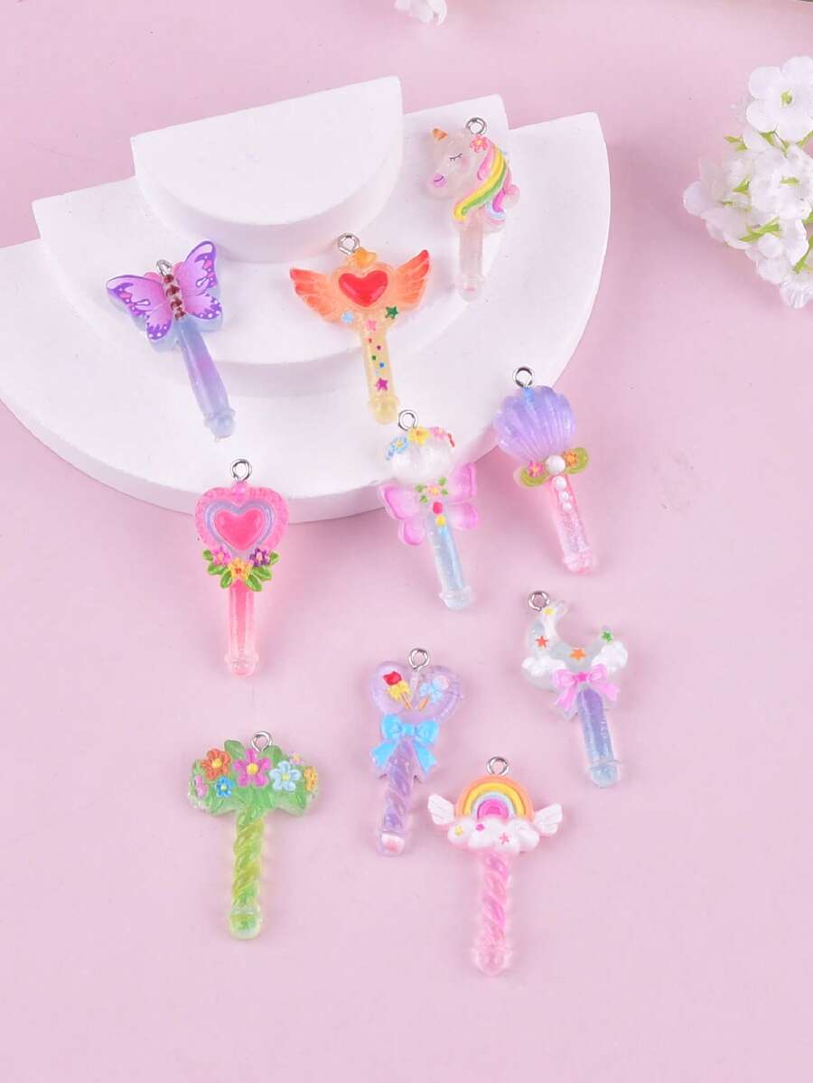 10pcs Cute Cartoon Magic Wand Rainbow Resin Jewelry Pendant, Women's Earrings Necklace Accessories Charm - Multicolor - View 1