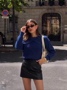 Women's Royal Blue Cross-Over Fold Off-Shoulder Ribbed Knit Sweater, Long Sleeve Ribbed Hem Pullover, Minimalist Sexy Y2K Style, Suitable For Dating, Evening, Street Photography, Weekend Outings - Royal Blue - View 1