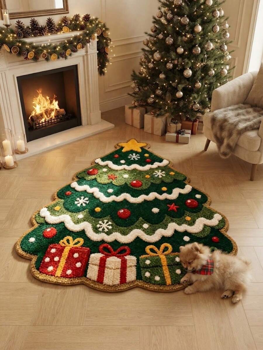 1pc Christmas Tree Rug, Faux Cashmere Carpet, Christmas, Home Decor, Room Decor, Christmas Home Decor, Autumn Decor, Autumn Home Decor, Home Supplies, Doormat, Living Room Rug, Kitchen Mat, Kitchen Decor, Bedroom Decor, Bathroom Decor, Bathroom Mat, Easy To Clean - Multicolor - View 1