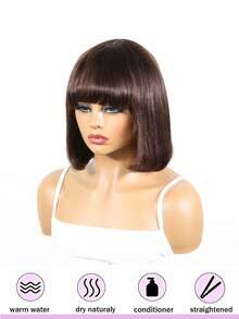 150% Density Brown Short Bangs Bobo Wig With Bangs, Real Human Hair Wig, Convenient For Women To Wear Daily Without Glue - S4 - View 3