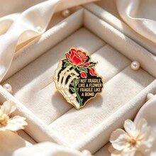Skeleton Hand Rose Enamel Pin, "Not Fragile Like A Flower Fragile Like A Bomb" Quote Lapel Brooch, Gothic Badge For Backpack Jacket Hat, Cool Gift - Multicolor - View 3