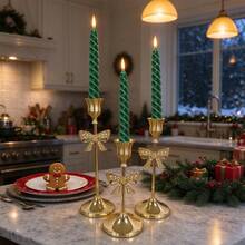 European Style Gold Bow Metal Candle Holder 3 Pieces Set, Staggered Height Set, Romantic Tabletop Decor For Western Dinner Party, Craft Ornament, Candles Not Included - Gold 3pcs - View 2