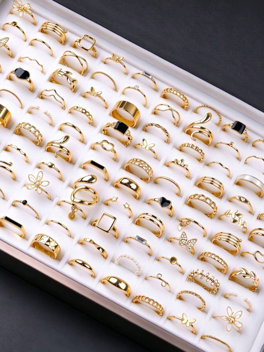 22/50Pcs/Lot Fashion Elegant Exquisite Simple Rings For Women Flower Heart Butterfly Black Dripping Oil Geometric Party Gifts Daily Wearing Jewelry - Exquisite and Elegant Alloy Ring - View 1