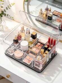 Large Capacity Flip Cover Medicine Box, Makeup Box Storage Acrylic Transparent Storage Box, Flip Top Desktop Cosmetics Dust-Proof Storage Box, Snack And Miscellaneous Sorting Box, Household Mini Medicine Box, Face Masks, Unique Gift For Thanksgiving And Christmas For Family, Mother, Female Friends Or Yourself - Multicolor - View 5