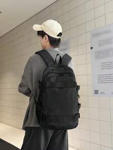 男士後背包 星星印花休閒學生後背包 大容量多隔層 學生日常通勤用 黑色尼龍 可調節扣環設計 - 彩色 - 查看 3