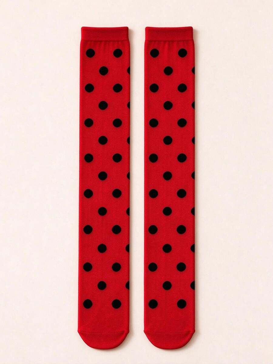 Christmas Knee-High Socks Polka Dot Red & Blue Striped Knit Mid-Calf Socks Holiday Outfit Cosplay Socks - Red - View 1