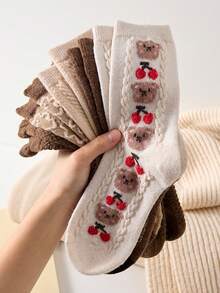 2 Pairs Women's Mid-Calf Socks, Brown Teddy Bear Argyle Pattern Warm Thick Floor Socks, Suitable For Autumn/Winter - Multicolor - View 3