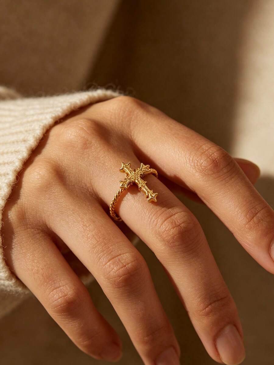 1PC Vintage Cross Rings For Women Gold Color Stainless Steel Gothic Twisted Rope Cross Ring Religious Jewelry Gift - Multicolor - View 1