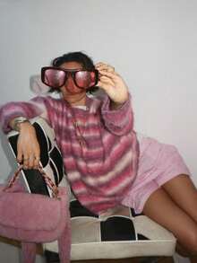 Vibrant Fashion Casual Color-Block Gradient Striped Loose Round Neck Knit Sweater, Suitable For Women - Hot Pink - View 6