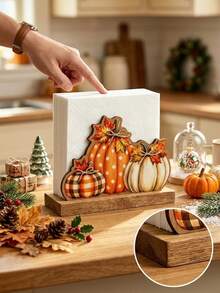 1pc Wooden Napkin Holder, Autumn Pumpkin & Maple Leaf 3D Decorative Design, Vertical Paper Towel Storage Base, Suitable For Dining Table Napkins, Restaurant Tabletop Display, Autumn Table Setting, Thanksgiving Table Decor, Autumn Home Soft Furnishing, Desktop Decorative Ornament, Holiday Table Storage Supplies - Multicolor - View 5