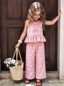 2pcs Girls Daisy Print Plaid Top And Pants Set, Summer - Pink - View 2