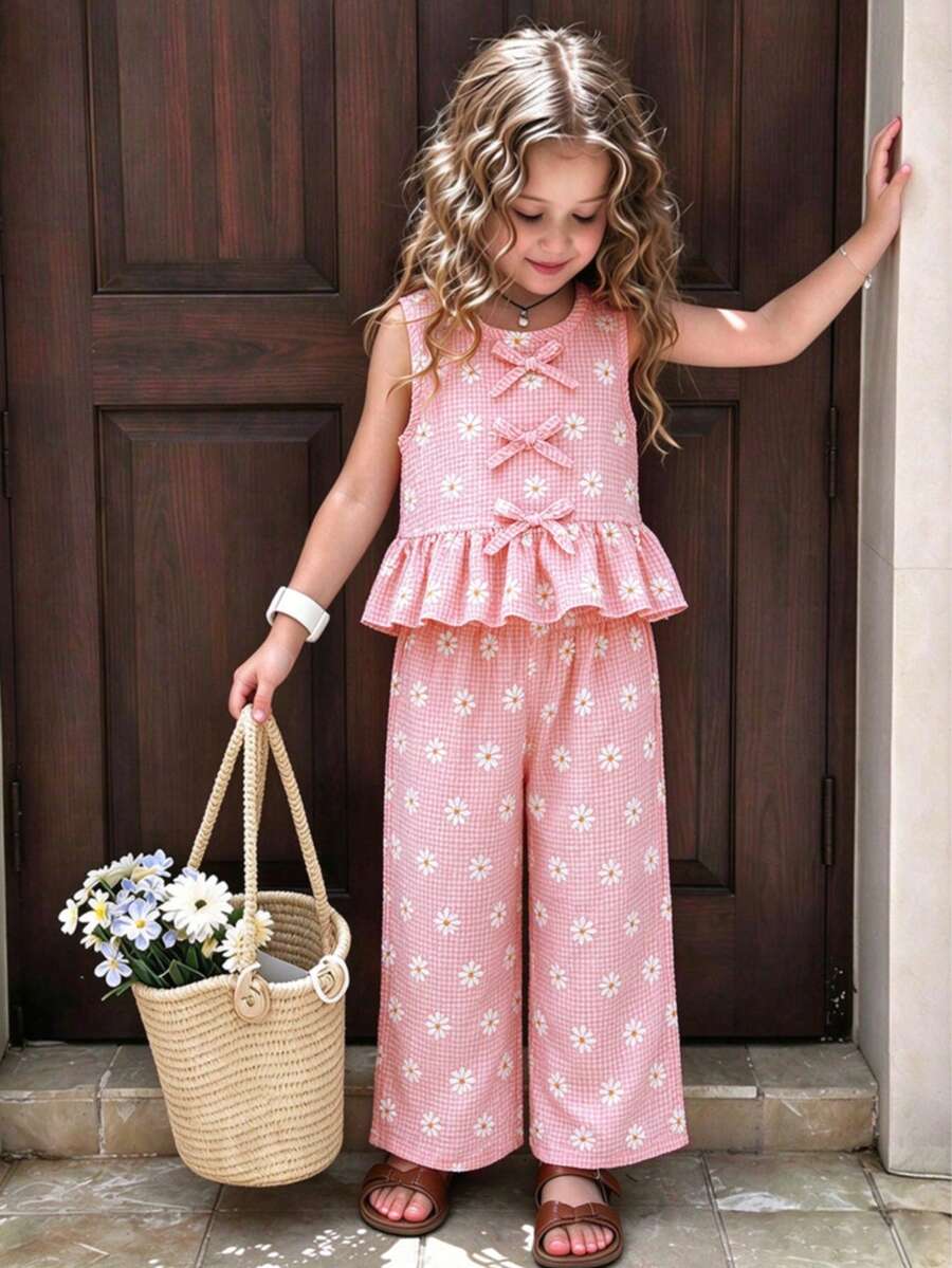 2pcs Girls Daisy Print Plaid Top And Pants Set, Summer