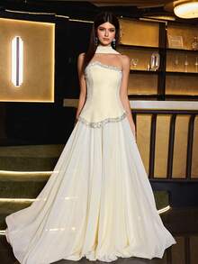 Elegant Women's Strapless Beaded Evening Gown, Asymmetric Design With Flared Hem, Perfect Ball Gown, Asymmetric 2 In 1 Design, With Flowing Ribbon, Goose Yellow Gown, Suitable For Evening Party, Banquet, Gathering - Pale Yellow - View 4