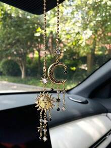 Sun & Moon Tassel Car Hanging Ornament, Car Rearview Mirror Decorative Pendant, Interior Car Decor Hanging Accessory - A - View 2