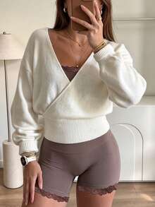 Women's Fashion White Knitted Sweater, Regular Length Long Sleeve Pullover, Slightly Elastic, Suitable For Spring And Autumn Wear. - White - View 2