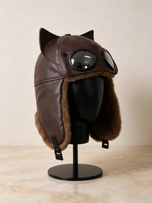 1pc Women's Cat Ear Aviator Lei Feng Hat, Faux Leather Material With Goggles, Winter Ear Protection Hat, Faux Fur Lining Warm Flight Ski Hat - Leather Cat Ear Ushanka Hat - View 5