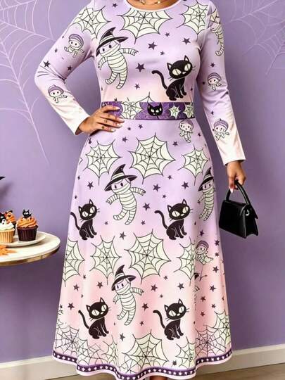 Women's Halloween Spiderweb Print Plus Size Crew Neck Long-Sleeve Flared Swing Midi Dress