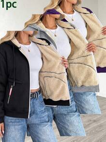 Women's Zipper Hooded Fleece Lined Jacket, Solid Color Warm Casual Winter Coat - Black - View 7