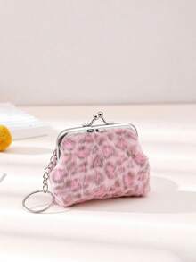 1pc Solid Color Faux Leopard Print Plush Coin Purse, Metal Clasp + Keychain, Small Capacity Mini Storage Bag, Cute Plush Handheld Pouch, Suitable For Daily Use, Autumn/Winter - Multicolor - View 1